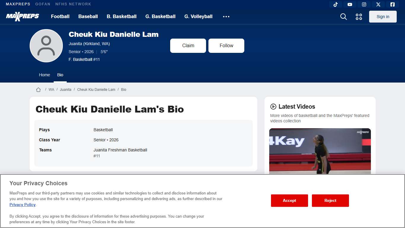 Cheuk Kiu Danielle Lam's Juanita High School Bio