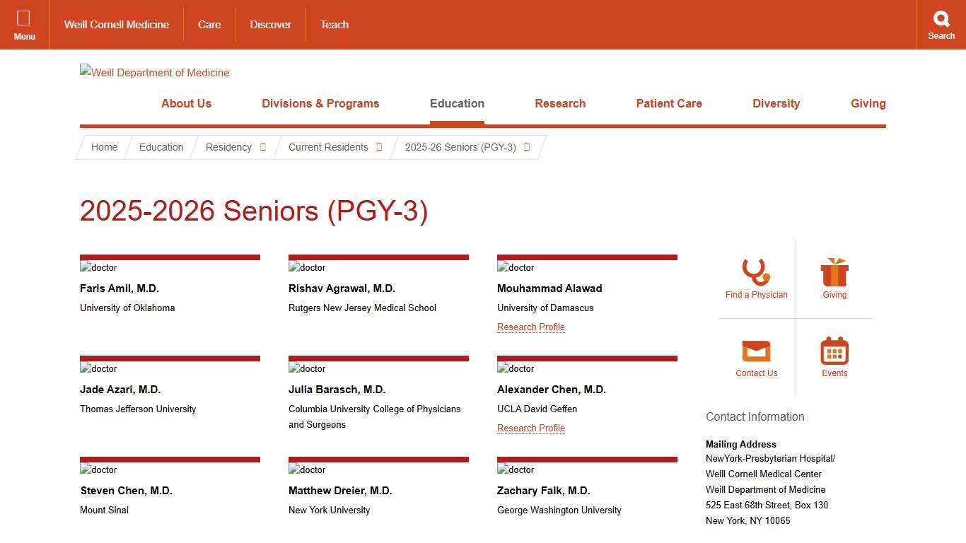 2025-2026 Seniors (PGY-3) Weill Department of Medicine