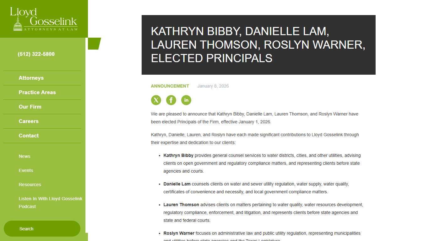 Kathryn Bibby, Danielle Lam, Lauren Thomson, Roslyn Warner, Elected Principals – Lloyd Gosselink Rochelle & Townsend, P.C.